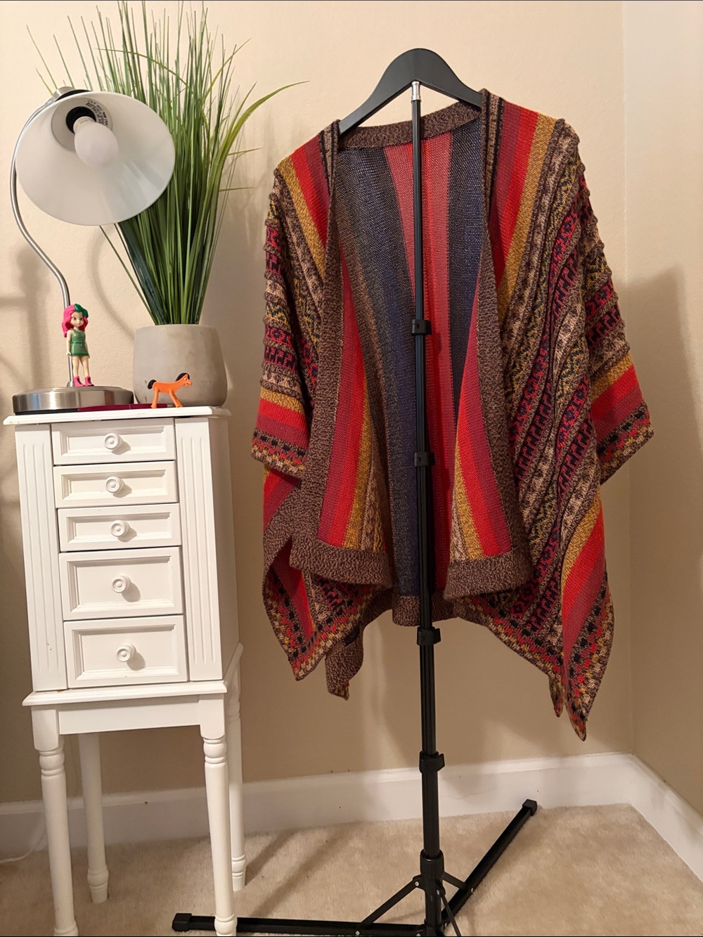 Peruvian baby lama wool Striped Multicolor Knit Poncho - Red, Brown, Yellow